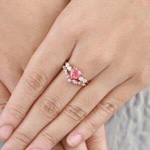 Art Deco Heart Cut Peach Pink Sapphire Engagement Ring Set Rose Gold ...