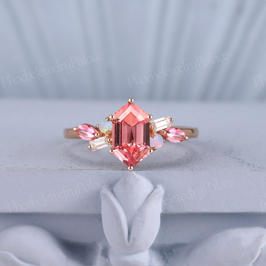 Unique Peach Pink Sapphire Engagement Ring Hexagon Sapphire Wedding ...