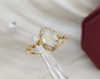One of a Kind Oval Moissanite Engagement Ring Art Deco Unique Cut Moissanite Wedding Rings for Women Vintage Flora Ring Handmade Gift Women