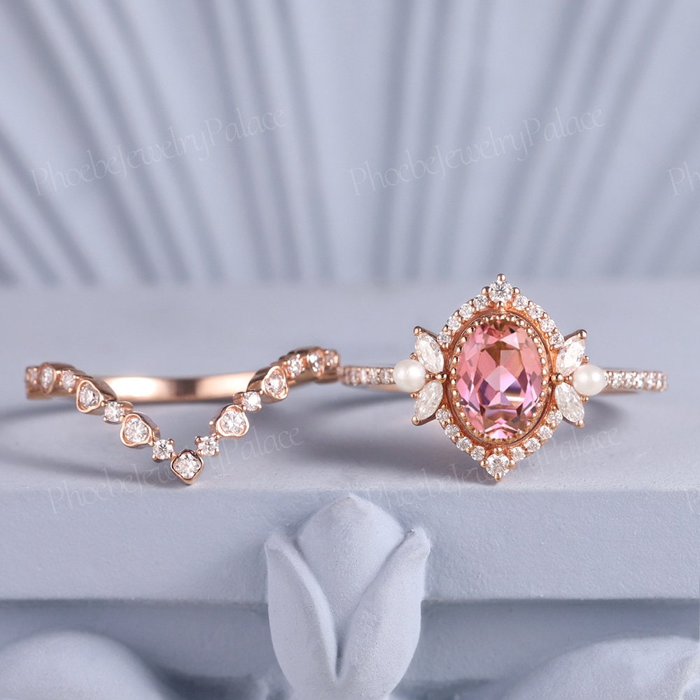Unique Pink Sapphire Engagement Ring Set Vintage Pink Wedding Ring Set ...