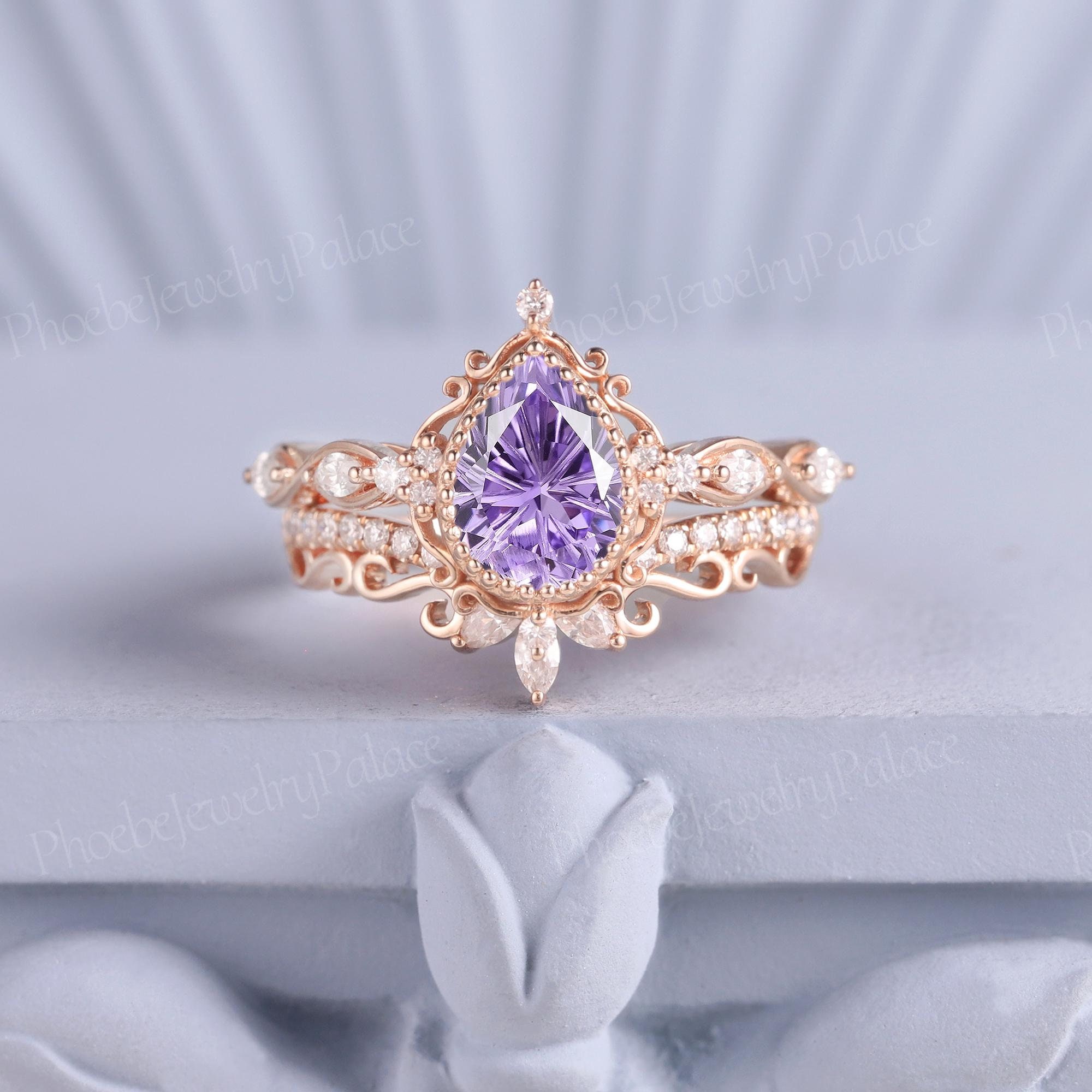 Vintage Purple Sapphire Engagement Ring Set Women Firework Cut Solid Gold Ring Set Chevron Band Matching Ring Band Anniversary Gift for Her