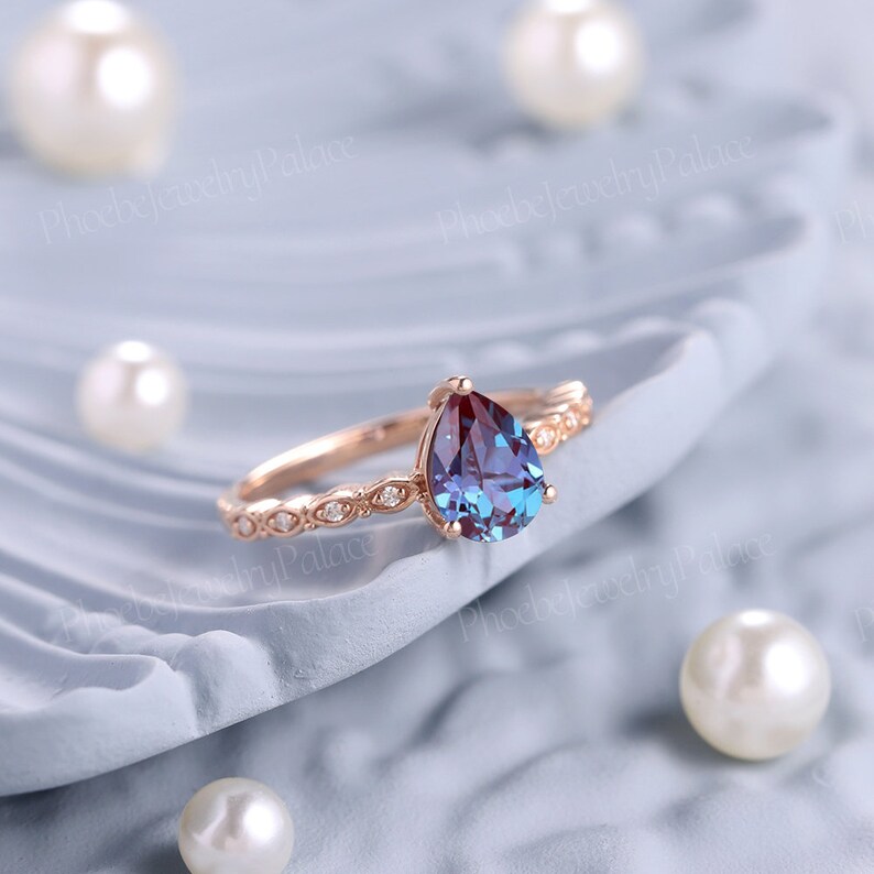 Small Alexandrite Rings Vintage Alexandrite Engagement Ring Unique Solid Gold Wedding Ring ...