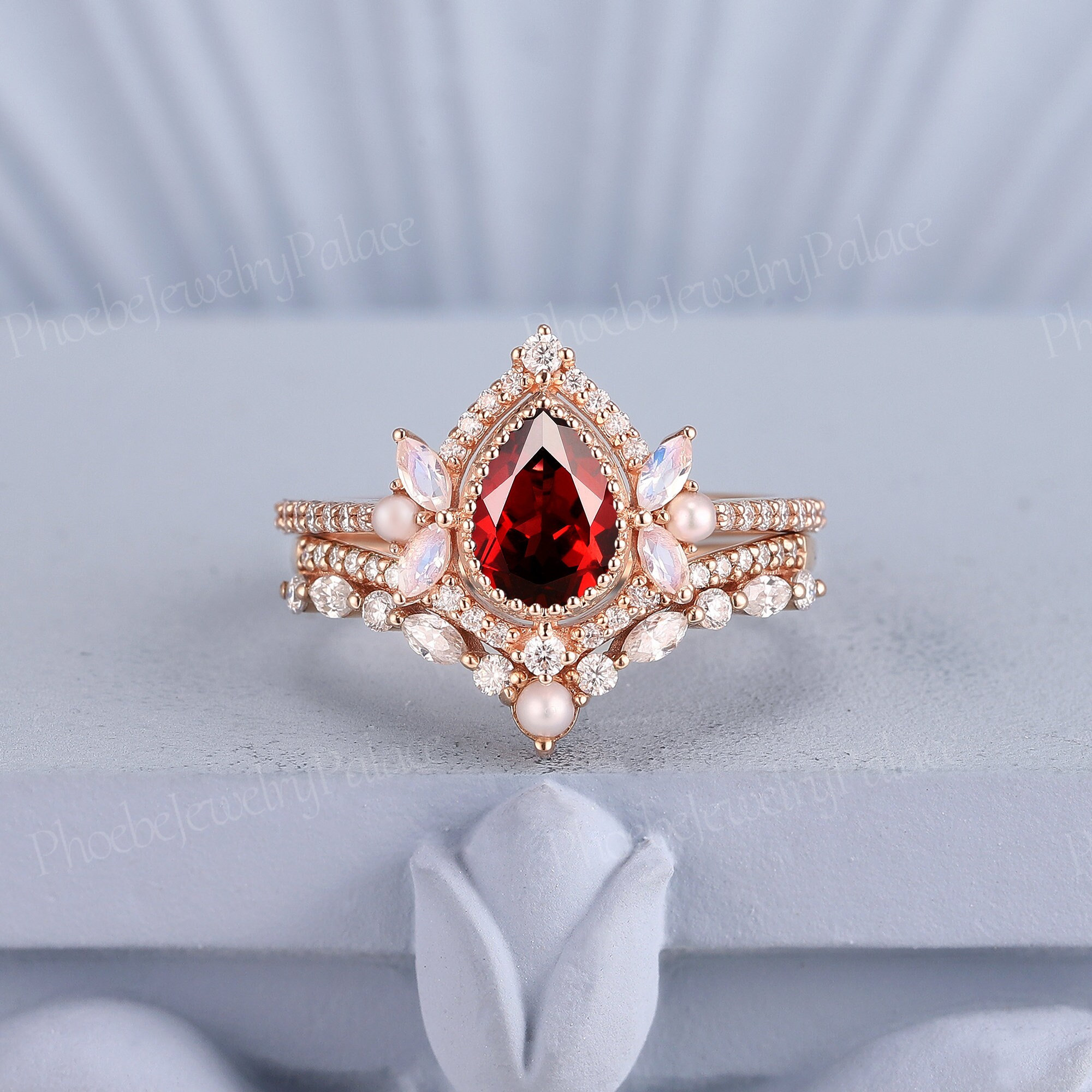 Unique Ruby Pearl Engagement Ring Set Delicate Pear Wedding Rings Women Gold Moonstone Moissanite Cluster Ring Set Custom Anniversary Gift Etsy