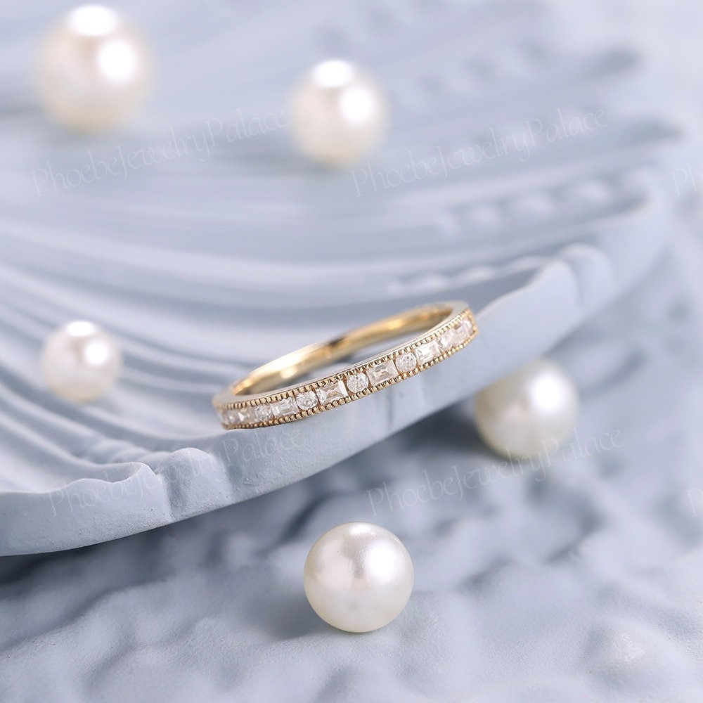 Vintage moissanite engagement ring solid 14k gold delicate diamond wedding band unique milgrain stacking rings anniversary handmade gift