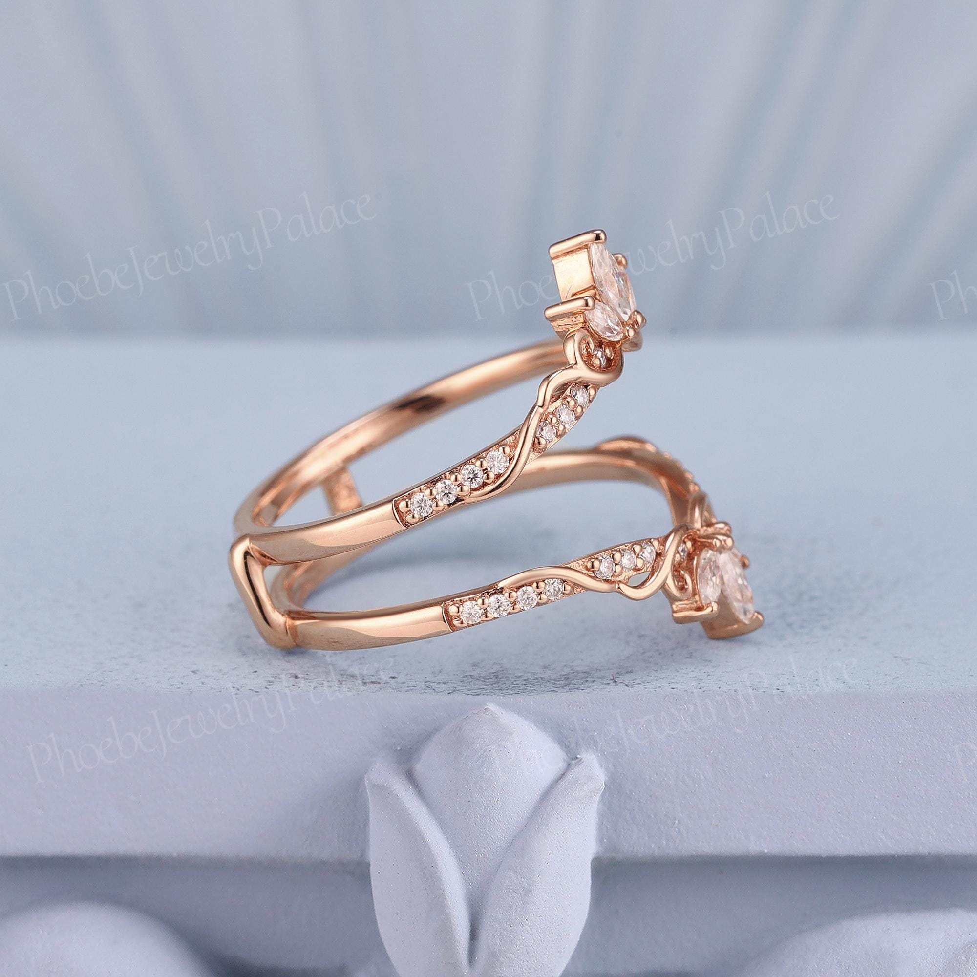 Art Deco Moissanite Curved Wedding Band Gold Unique Enhancer Double ...