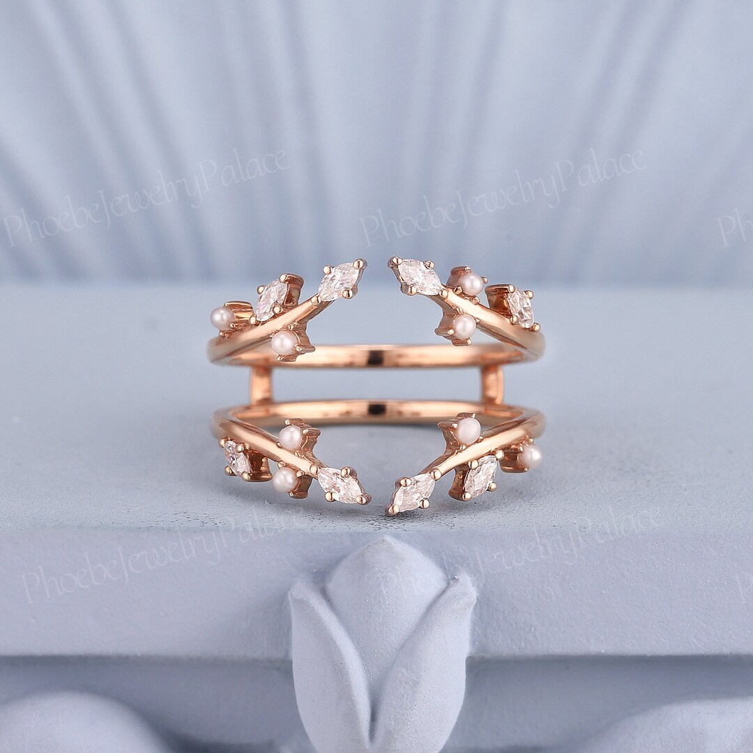Art Deco Pearl Curved Weeding Band Danity Double Wedding Band Enhancer ...