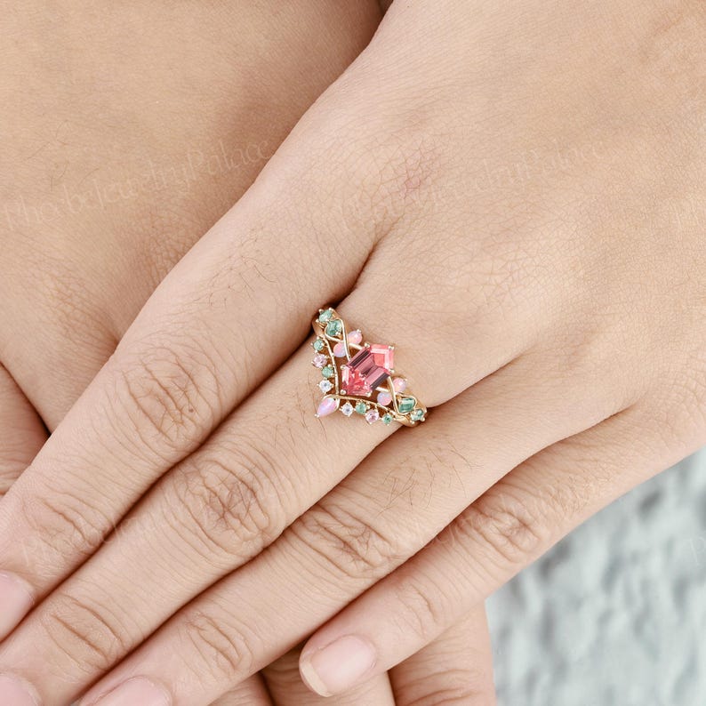 Art Deco Elongated Pink Sapphire Engagement Ring Set Hexagon Wedding ...