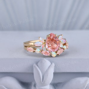 Unique Peach Pink Sapphire Engagement Ring Set Vintage Natural Sapphire ...