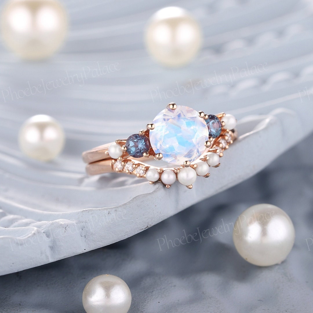 Vintage Moonstone&pearls Engagement Ring Set Unique Rainbow Moonstone ...