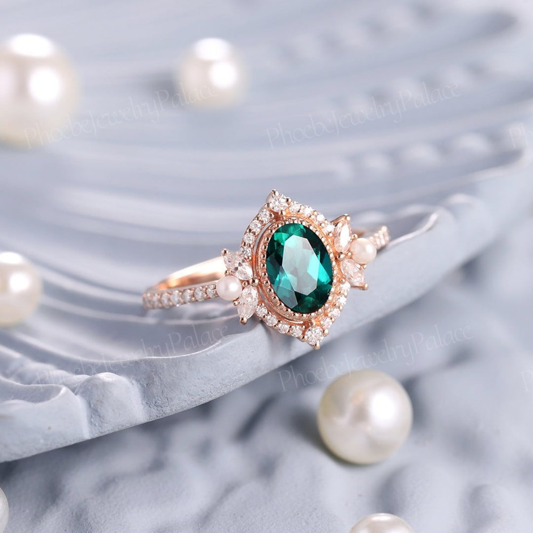 Vintage Emerald and Pearl Engagement Ring Delicate Oval Green