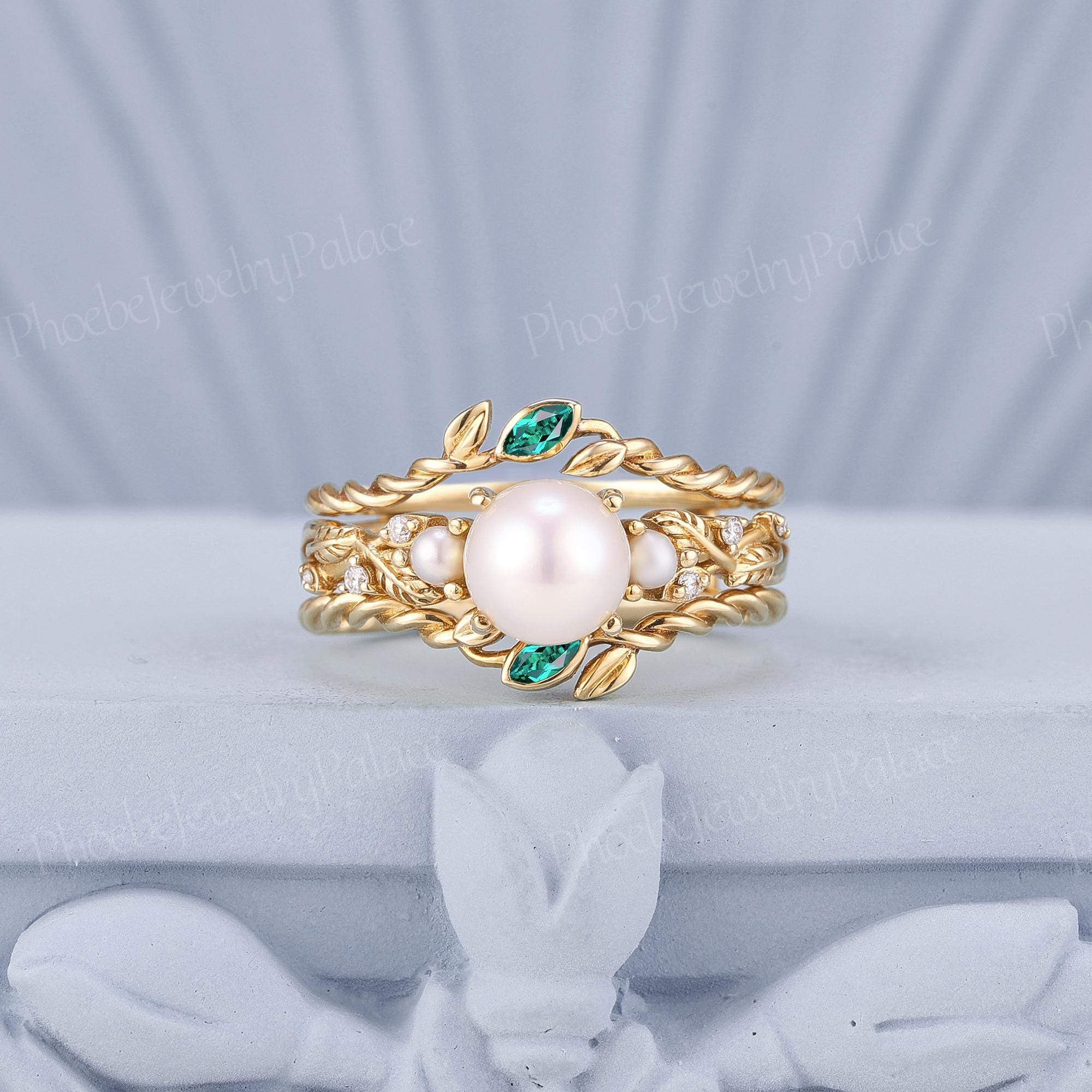 Vintage Akoya Perle Verlobungsring Set Einzigartige 3stk Hochzeitsringe für Frauen Art Deco Blatt Verbesserung Ring Set Jubiläum Ring Geschenk für Sie