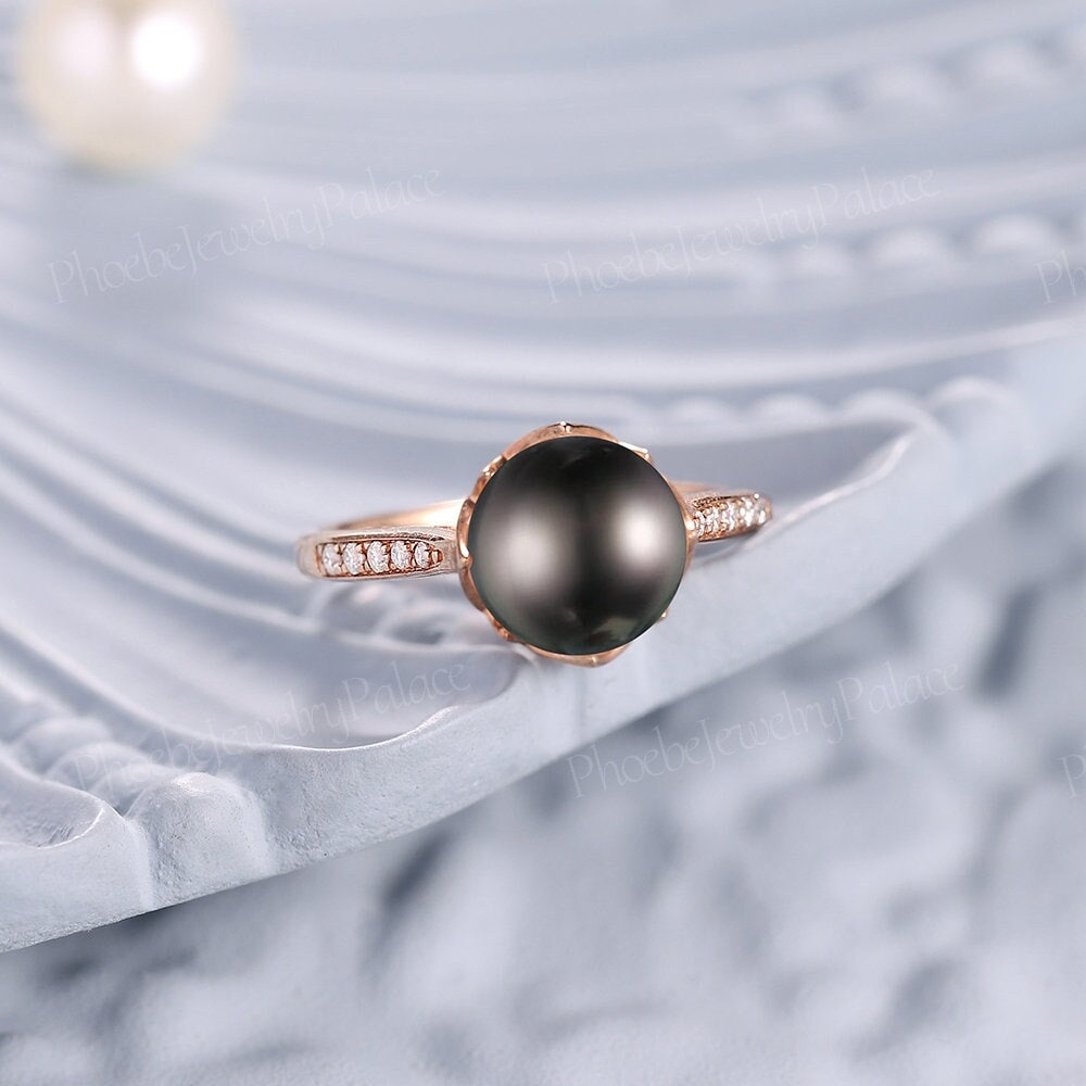Delicate Natural 8mm Tahitian Black Pearl Engagement Ring Antique