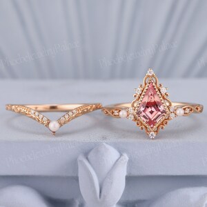 Unique Peach Pink Sapphire Engagement Ring Set Kite Sapphire Wedding ...