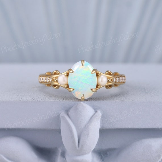 Dainty natural opal engagement ring vintage oval opal wedding rings for women solid gold unique handmade jewelry anniversary custom gift