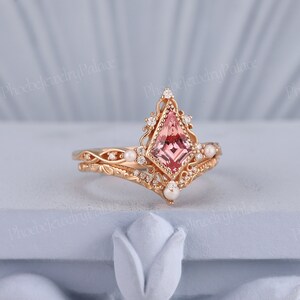 Unique Peach Pink Sapphire Engagement Ring Set Kite Sapphire Wedding ...