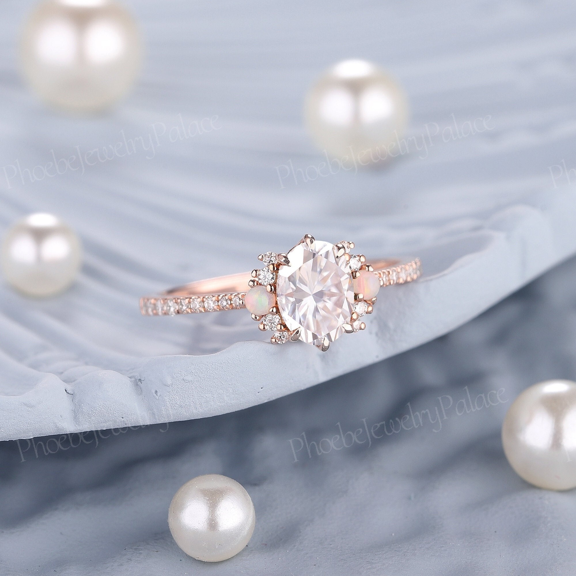 Art Deco Moissanite Verlobungsring Opal Cluster Solid Gold Ringe