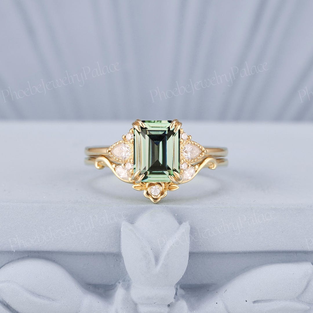 Art Deco Emerald Cut Green Sapphire Engagement Ring Set Gold Unique ...