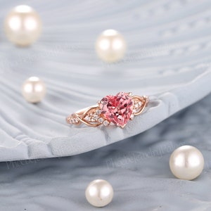 Unique Peach Pink Sapphire Engagement Ring 14K Gold Heart Love Rings ...