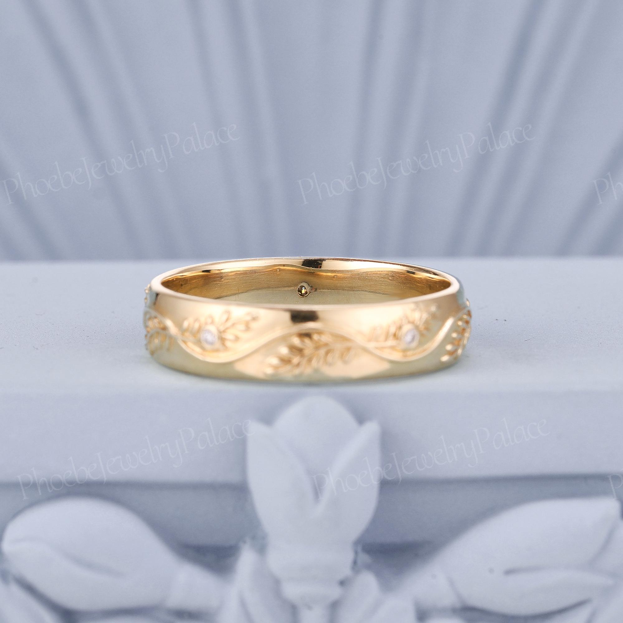 5mm Mens Wedding Band Leaf Pattern Ring Moissanite Ring for Him ...