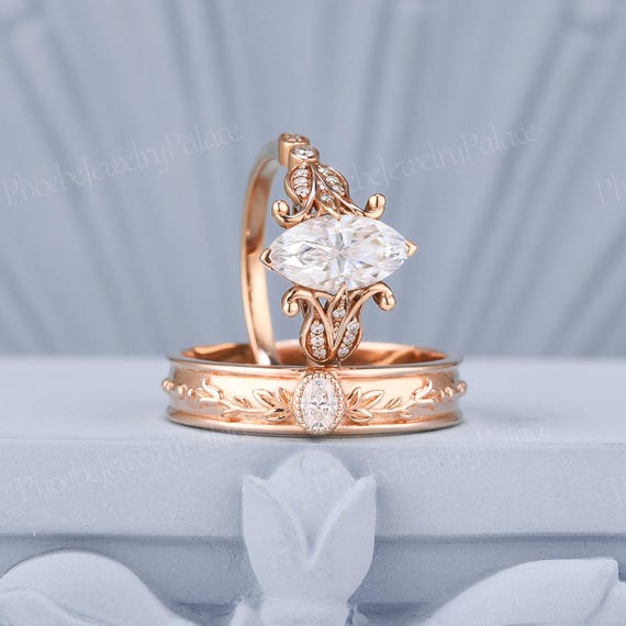 Unique Couples Ring Set Vintage Nature Inspired Rings for Men and Women His and Hers Wedding Band Iris Floral Couple Rings Handmade Ring