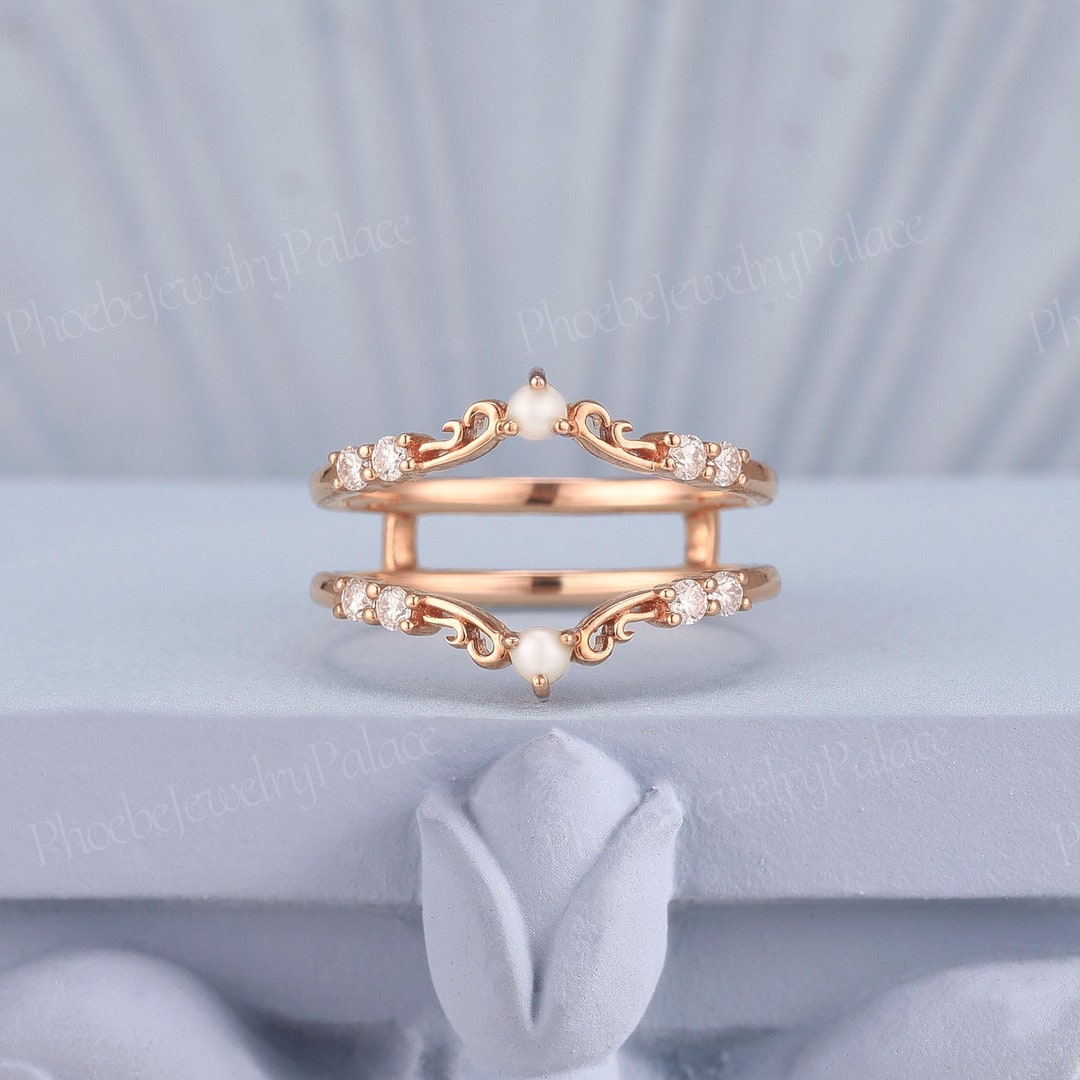Vintage Pearl Curved Weeding Band Danity Double Wedding Rings for Women ...