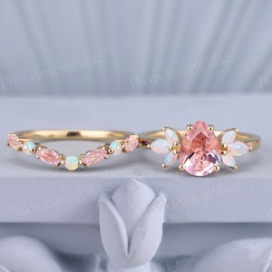 Unique Peach Pink Sapphire Engagement Ring Set Vintage Natural Sapphire ...