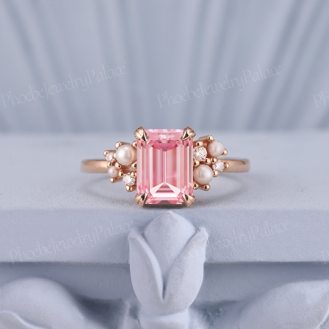 Vintage Emerald Cut Pink Sapphire Engagement Ring Unique Rose Gold ...