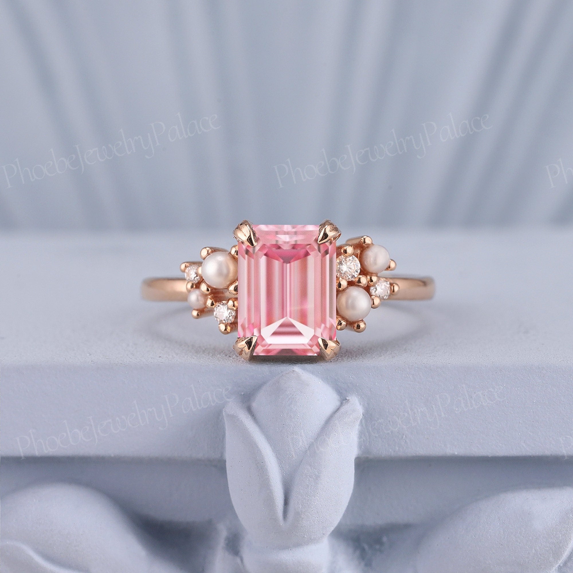 Vintage Emerald Cut Pink Sapphire Engagement Ring Unique Rose Gold Wedding Rings for Women Inspire Flora Ring Anniversary Gift Custom Ring