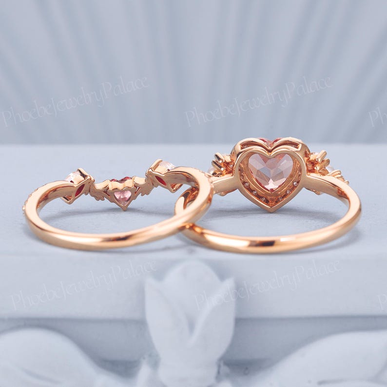 Unique Heart Pink Sapphire Engagement Ring Set Vintage Halo Moissanite ...