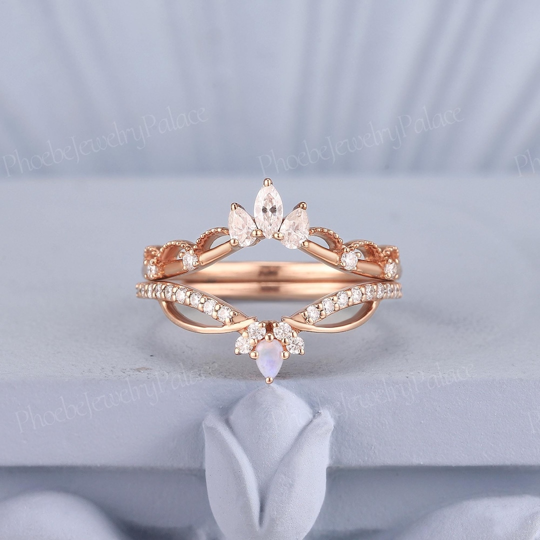 Art Deco Moissanite Wedding Band Set Rose Gold Ring Opal Double Curved ...