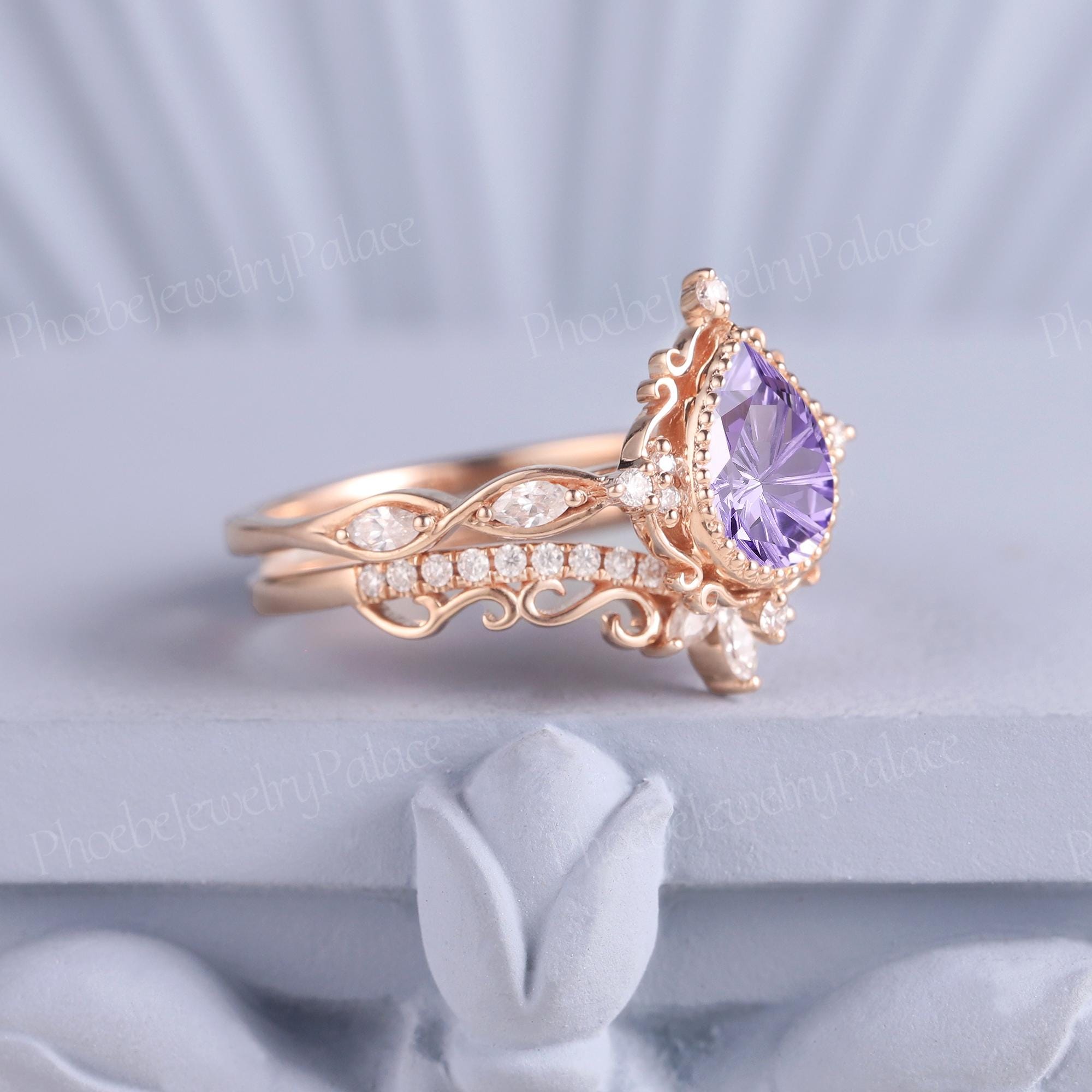 Vintage Purple Sapphire Engagement Ring Set Women Firework Cut Solid ...