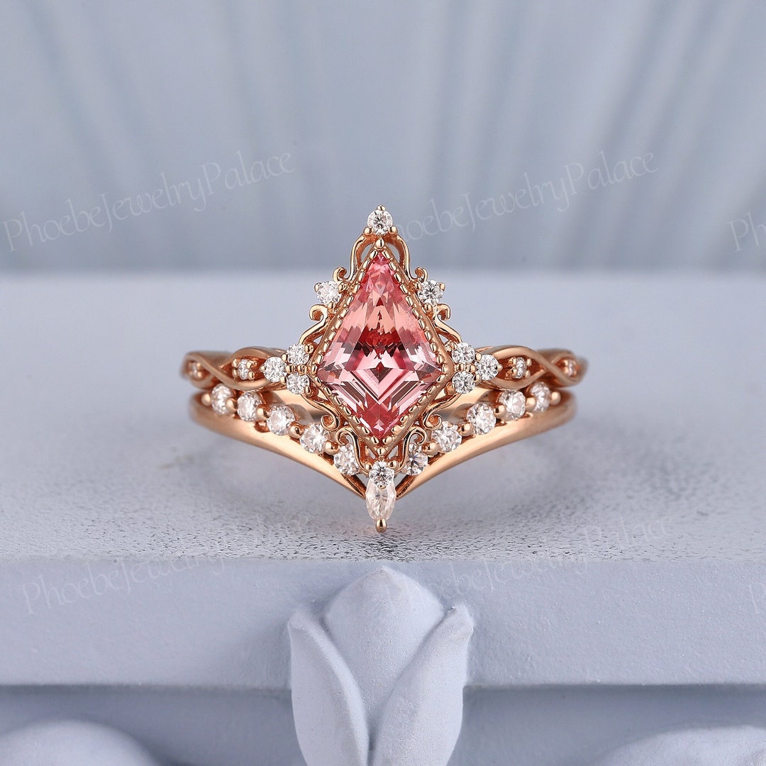 Unique Peach Pink Sapphire Engagement Ring Set Kite Sapphire Wedding ...