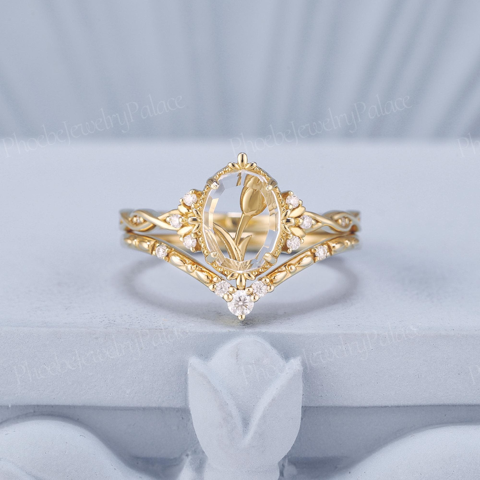One of a Kind Oval Moissanite Engagement Ring Set Tulip Inspired Ring Set Unique Cut Moissanite Wedding Rings for Women Curved Stacking Ring