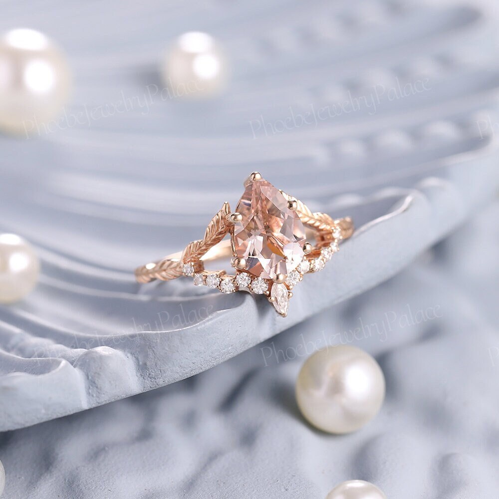 Delicate pink morganite engagement leaf ring unique wedding rings handmade rings for women solid gold rings anniversary gift promise rings