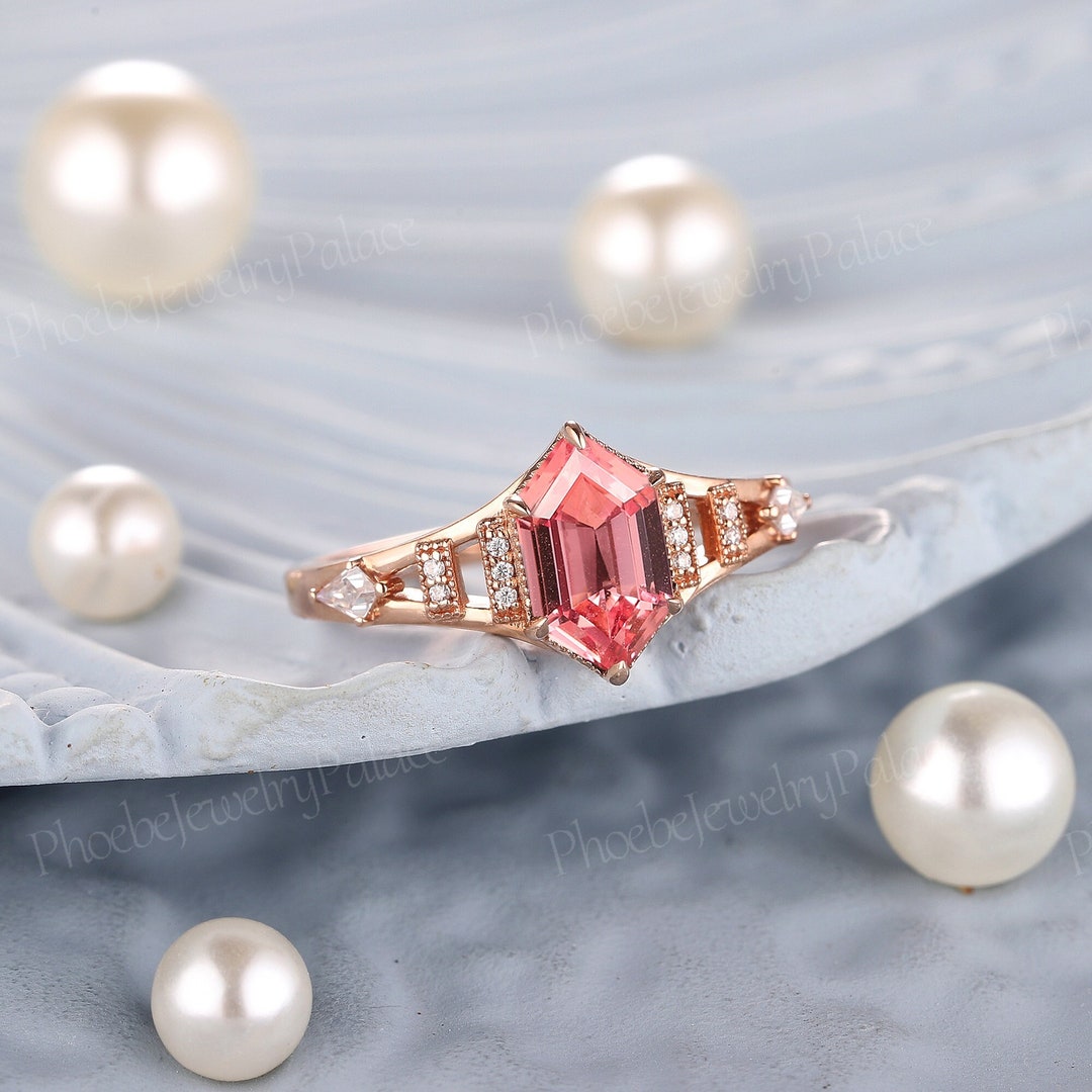 Unique Peach Pink Sapphire Engagement Ring Hexagon Wedding Rings for ...