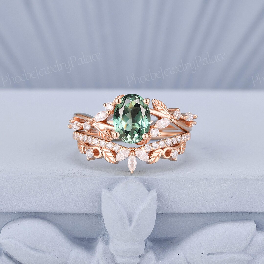 Art Deco Green Sapphire Engagement Ring Set Vintage Leaf Wedding Rings ...