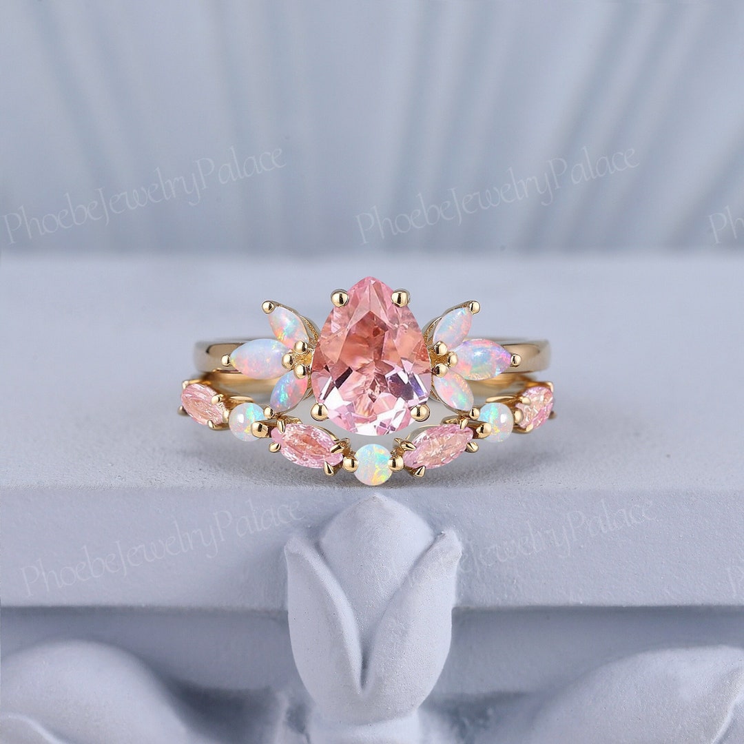 Unique Peach Pink Sapphire Engagement Ring Set Vintage Natural Sapphire ...