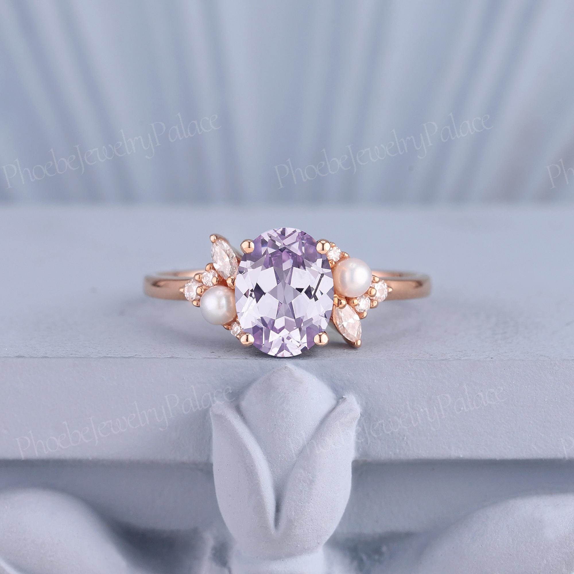 Vintage Lavender Sapphire Engagement Ring Gold Unique Wedding Rings for Women Pearl Moissanite Cluster Anniversary Gift for Her Handmade
