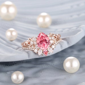 Unique Peach Pink Sapphire Engagement Ring Set Vintage Pear Wedding ...