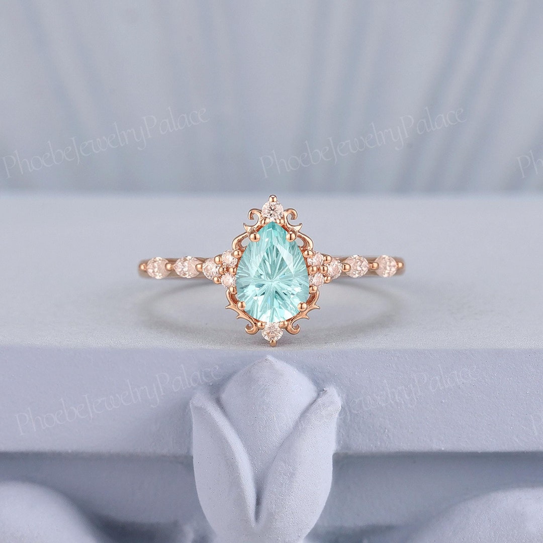 Art Deco Green Sapphire Engagement Ring Gold Delicate Pear Firework Cut ...