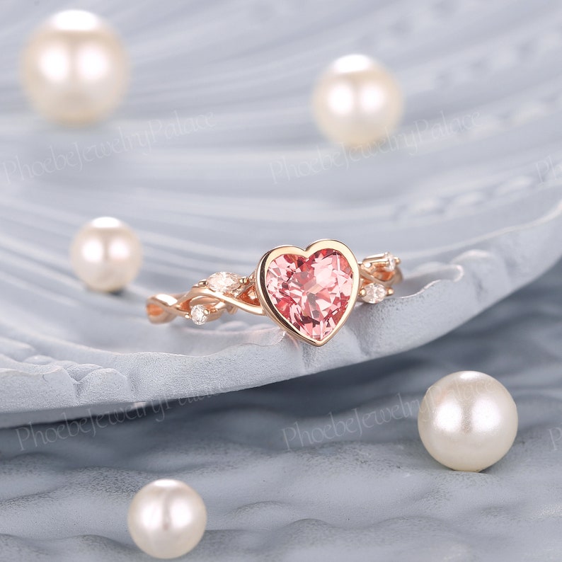 Unique Heart Cut Peach Pink Sapphire Engagement Ring Bezel Rings ...