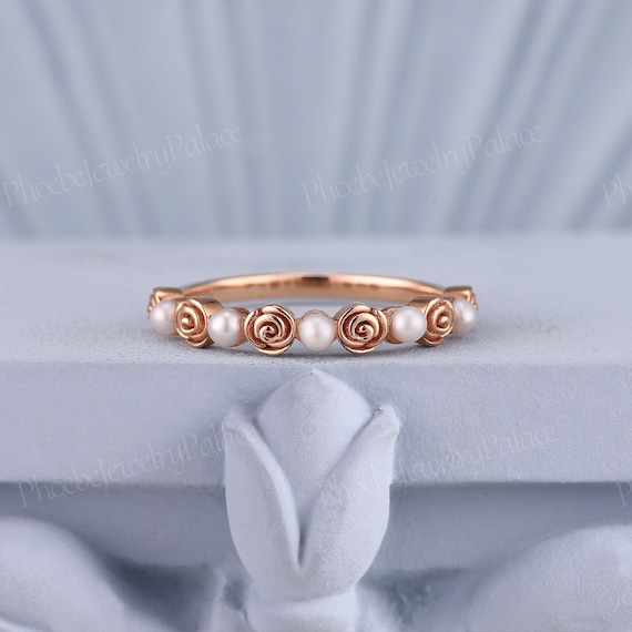 Dainty Natural Pearl Wedding Band Natural Inspired Wedding Ring Solid Gold Stacking Rings for Women Anniversary Gift for Her Graduate Gift