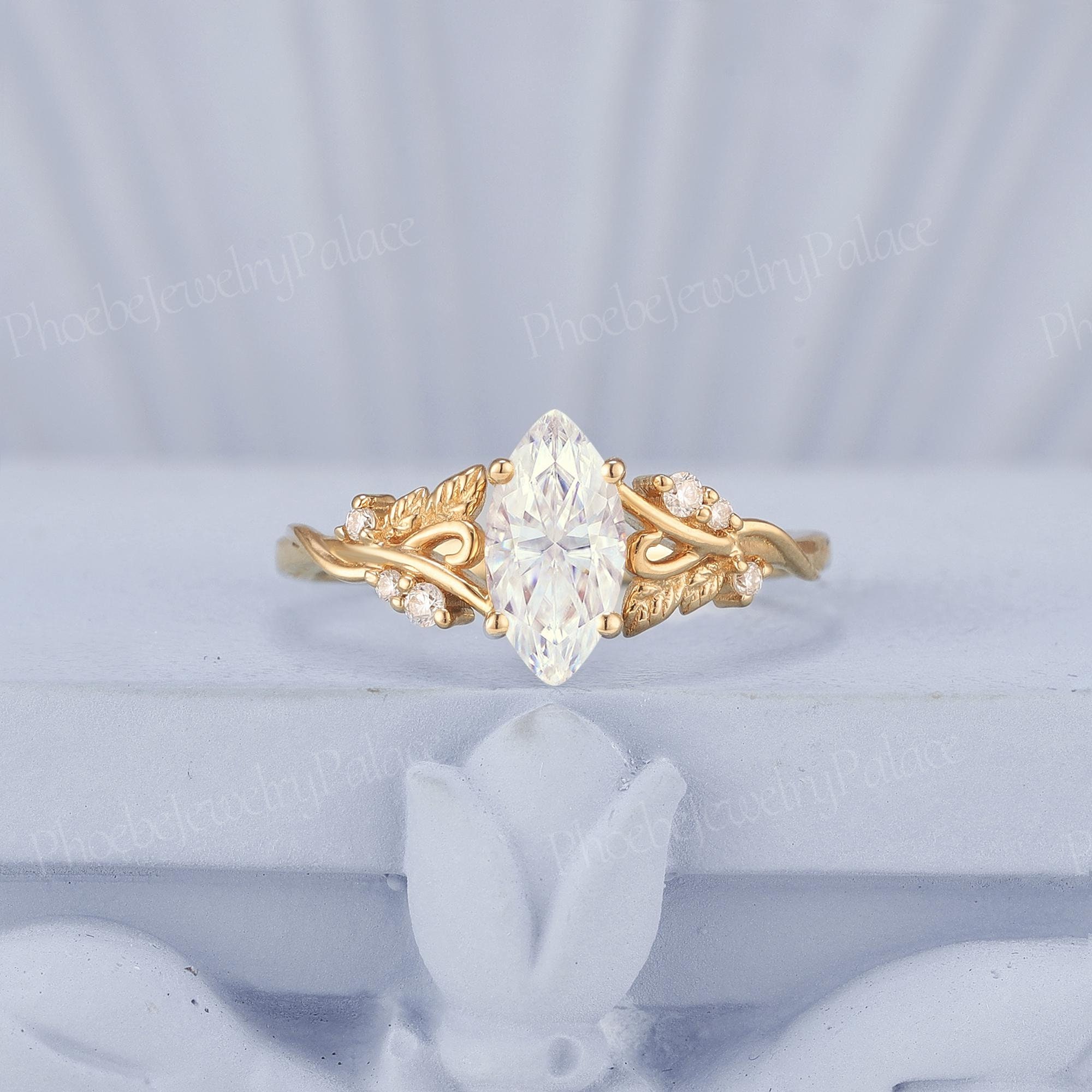Art Deco Marquise Moissanite Engagement Ring Nature Inspired Yellow ...