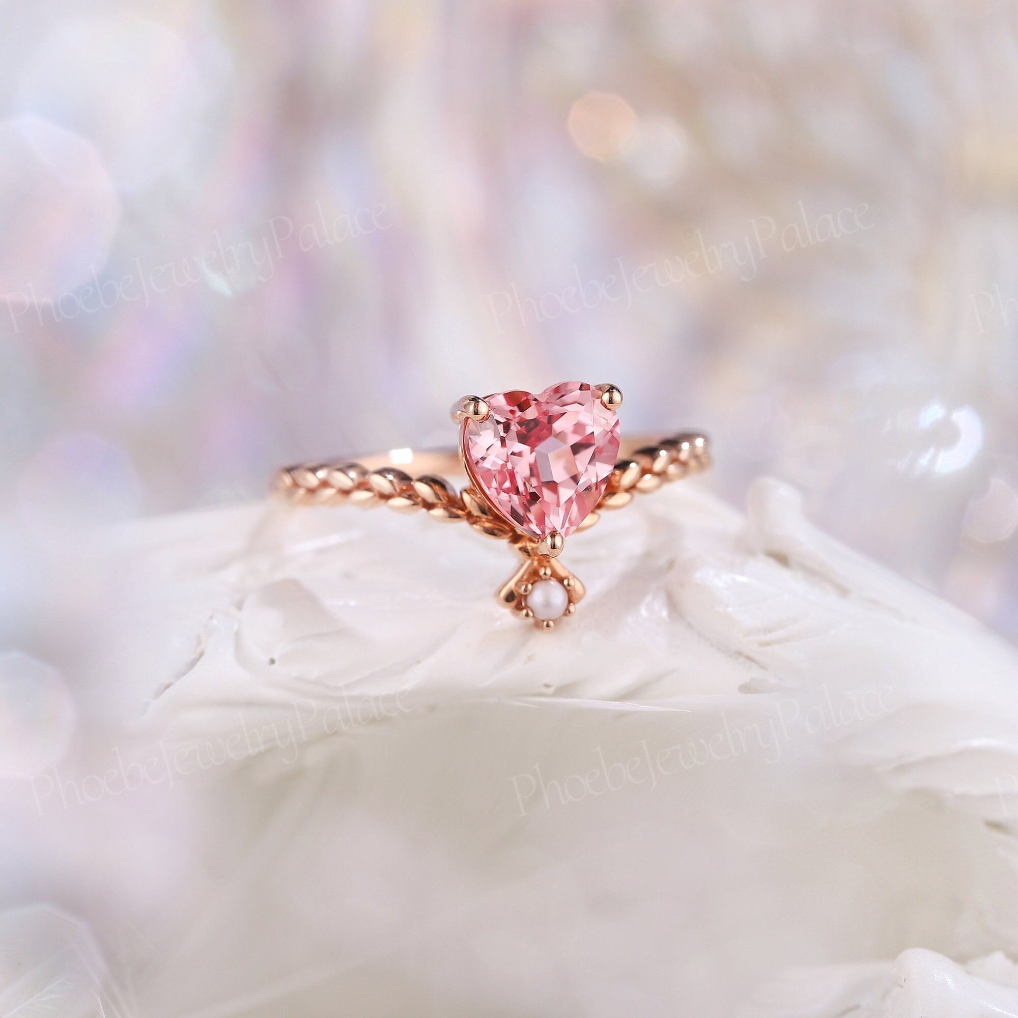Unique Heart Cut Peach Pink Sapphire Engagement Ring Rose Gold Inspired Leaf Pearl Love Rings for Women Handmade Anniversary Ring Custom