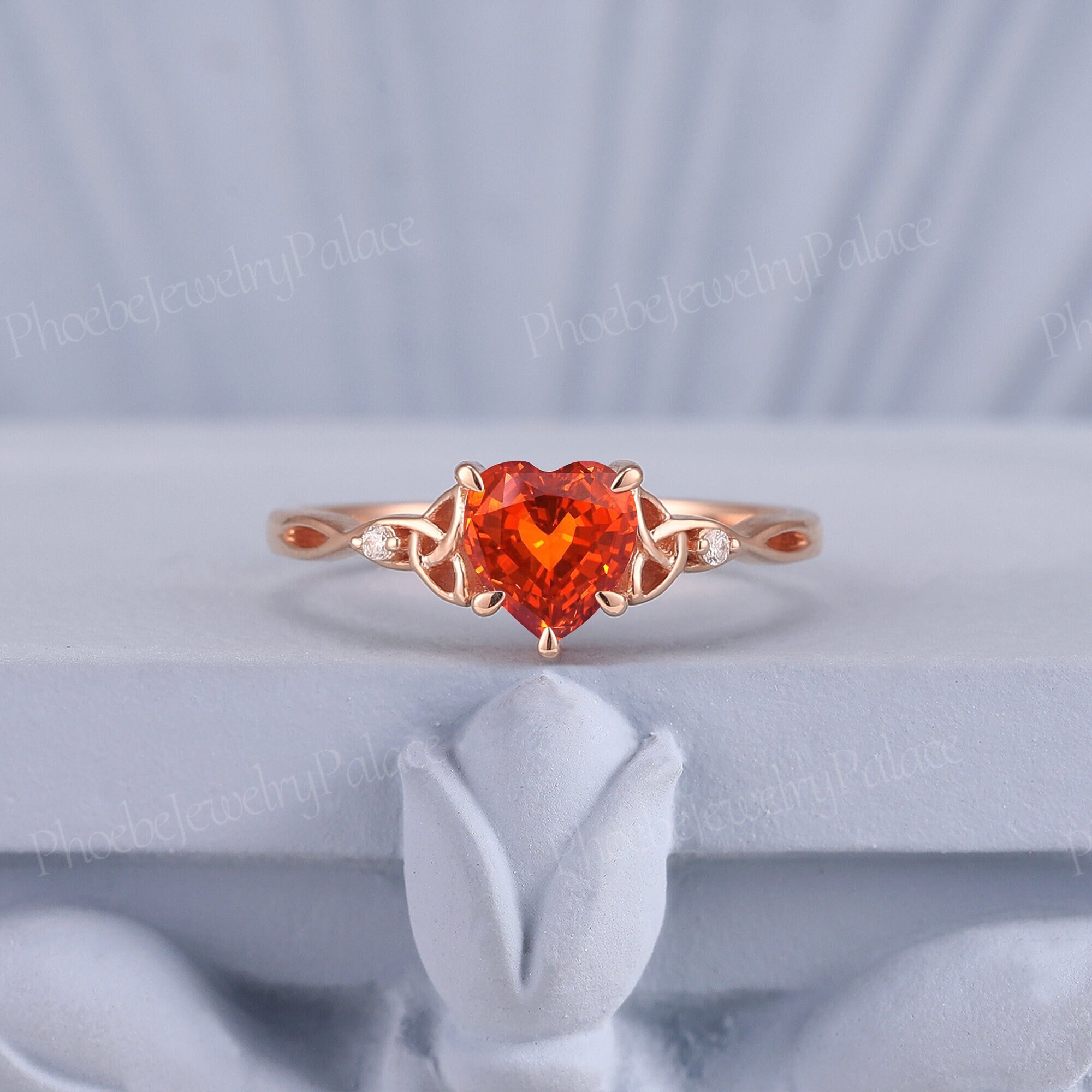 Unique Heart Cut Orange Sapphire Engagement Ring Unique Sun Sapphire Love Rings for Women Celtic Three Stone Ring Anniversary Gift for Her