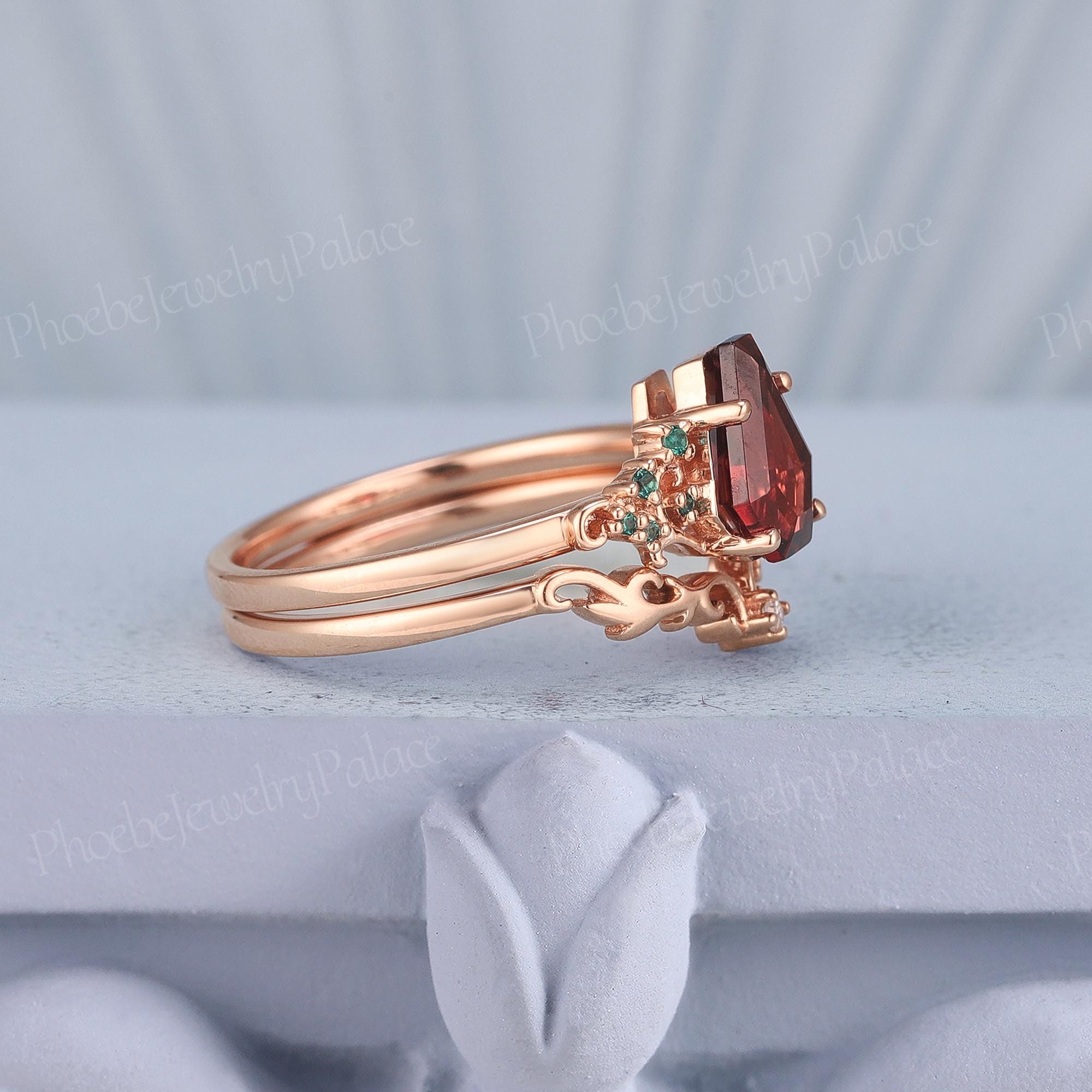 Art Deco Coffin Engagement Ring Set Unique Ruby Wedding Rings for