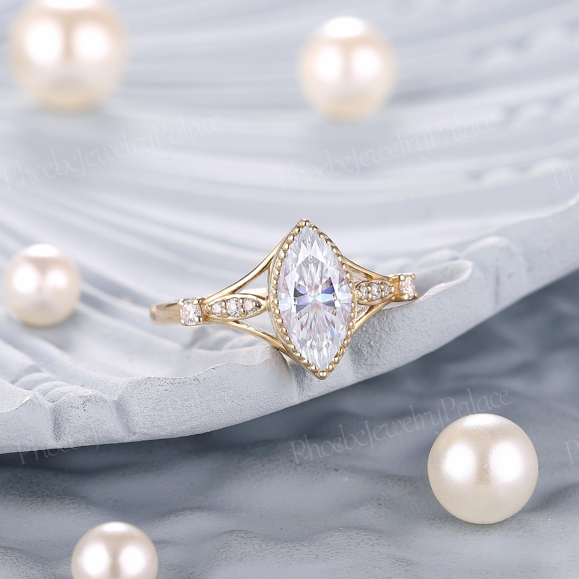 Delicate Marquise Moissanite Engagement Ring Unique Bezel Wedding Rings for Women Art Deco Diamond Cluster Ring Vintage Handmade Ring Custom