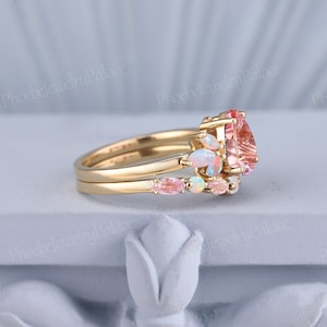 Unique Peach Pink Sapphire Engagement Ring Set Vintage Natural Sapphire ...