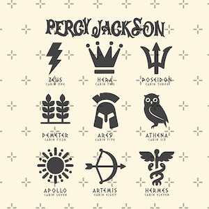 Puede incluir: Gráfico beige con el título "Percy Jackson" y nueve iconos negros que representan a los dioses griegos y sus cabañas. Los iconos incluyen un rayo, una corona, un tridente, trigo, un casco, un búho, un sol, arco y flecha y un caduceo.