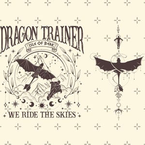 Op de afbeelding: Een beige grafisch ontwerp met de tekst "DRAGON TRAINER" en "WE RIDE THE SKIES". Het ontwerp bevat illustraties van draken, bergen, sterren en een banner met de tekst "Isle of Berk".